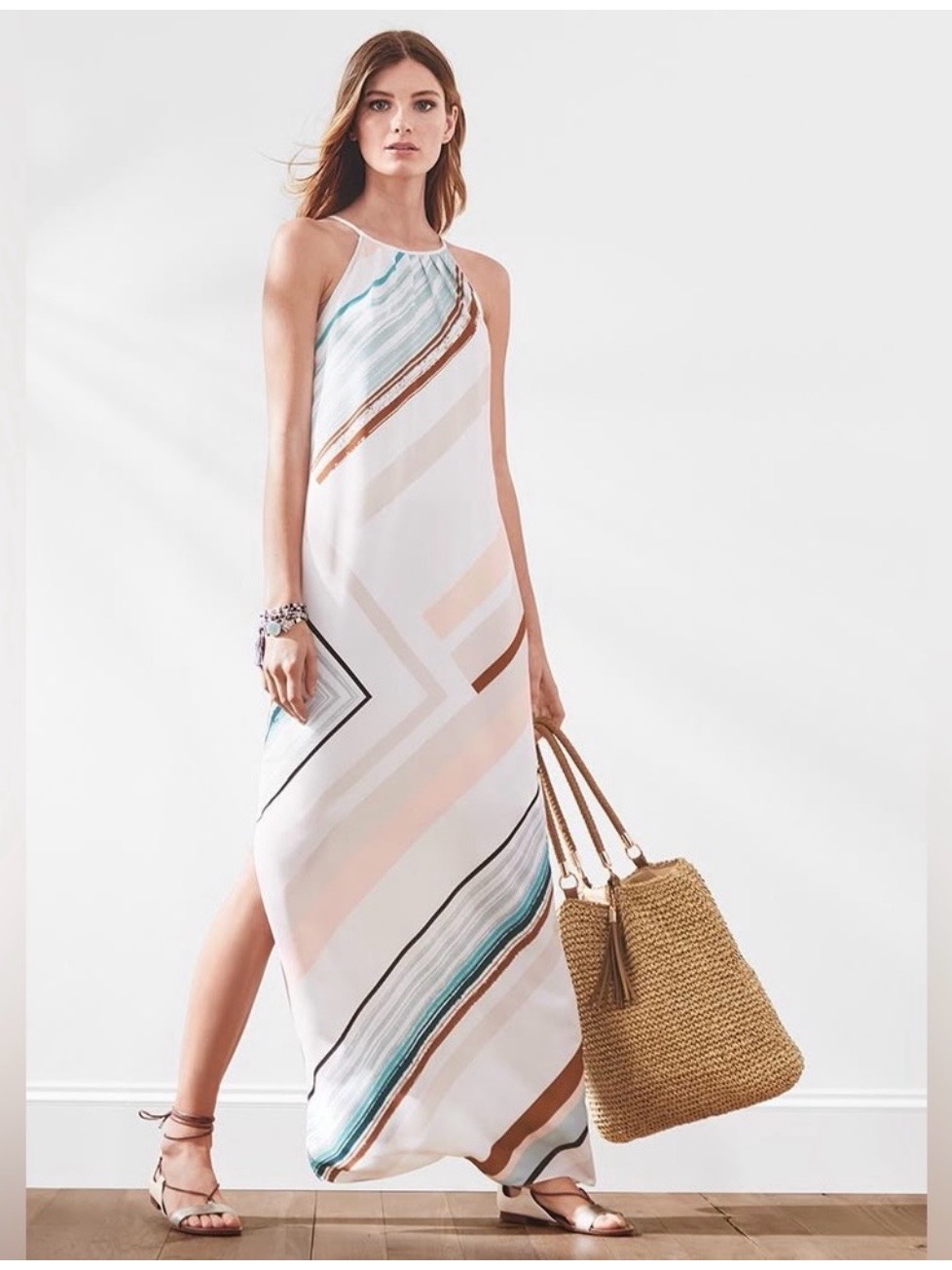 White House Black Market Asymmetric Stripe Maxi Dress 10 Waist Tie Halter